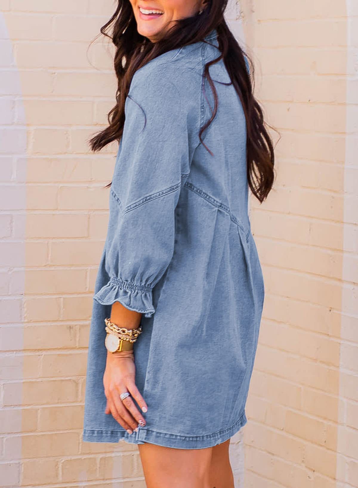 Women's Ruffled 3/4 Sleeve Button-Down Denim Dress（Buy 2 Free Shipping）