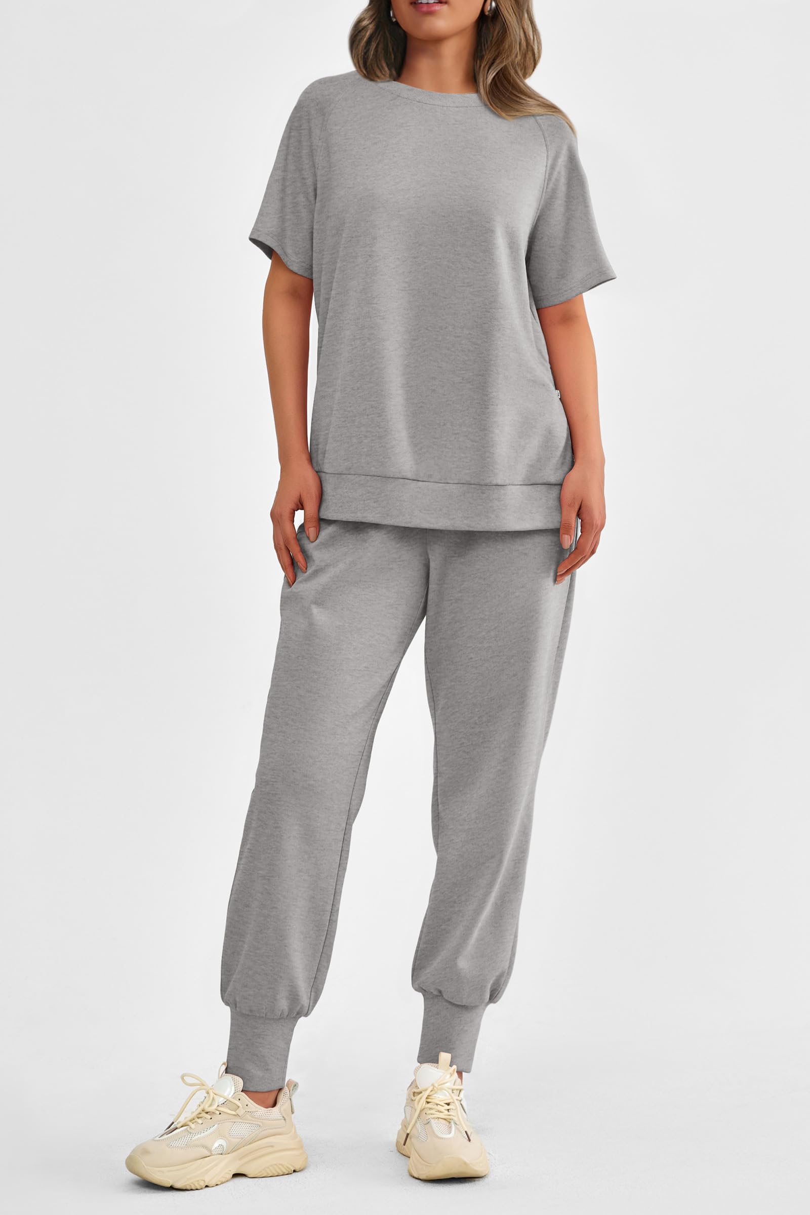 Womens 2 Piece Outfit Casual Short Sleeve Tops High Waisted Sweatpants Set