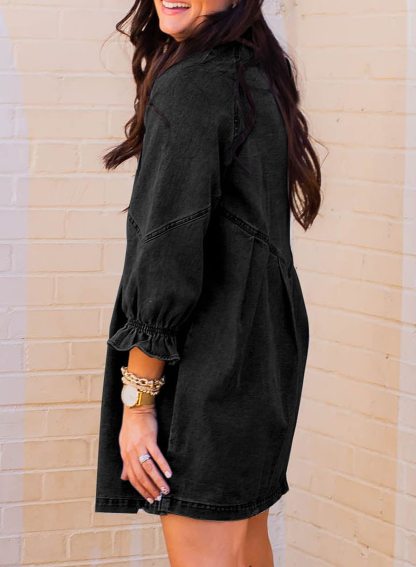 Women's Ruffled 3/4 Sleeve Button-Down Denim Dress（Buy 2 Free Shipping）