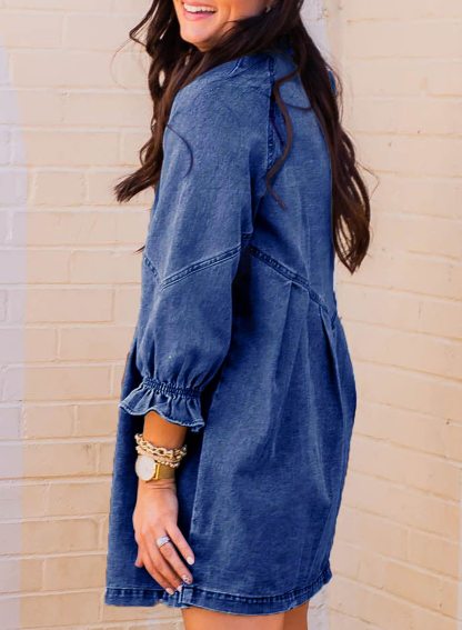 Women's Ruffled 3/4 Sleeve Button-Down Denim Dress（Buy 2 Free Shipping）