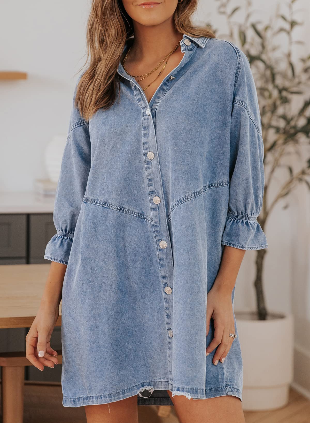 Women's Ruffled 3/4 Sleeve Button-Down Denim Dress（Buy 2 Free Shipping）