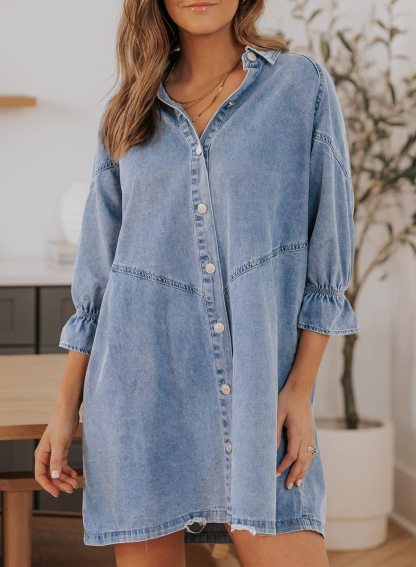 Women's Ruffled 3/4 Sleeve Button-Down Denim Dress（Buy 2 Free Shipping）