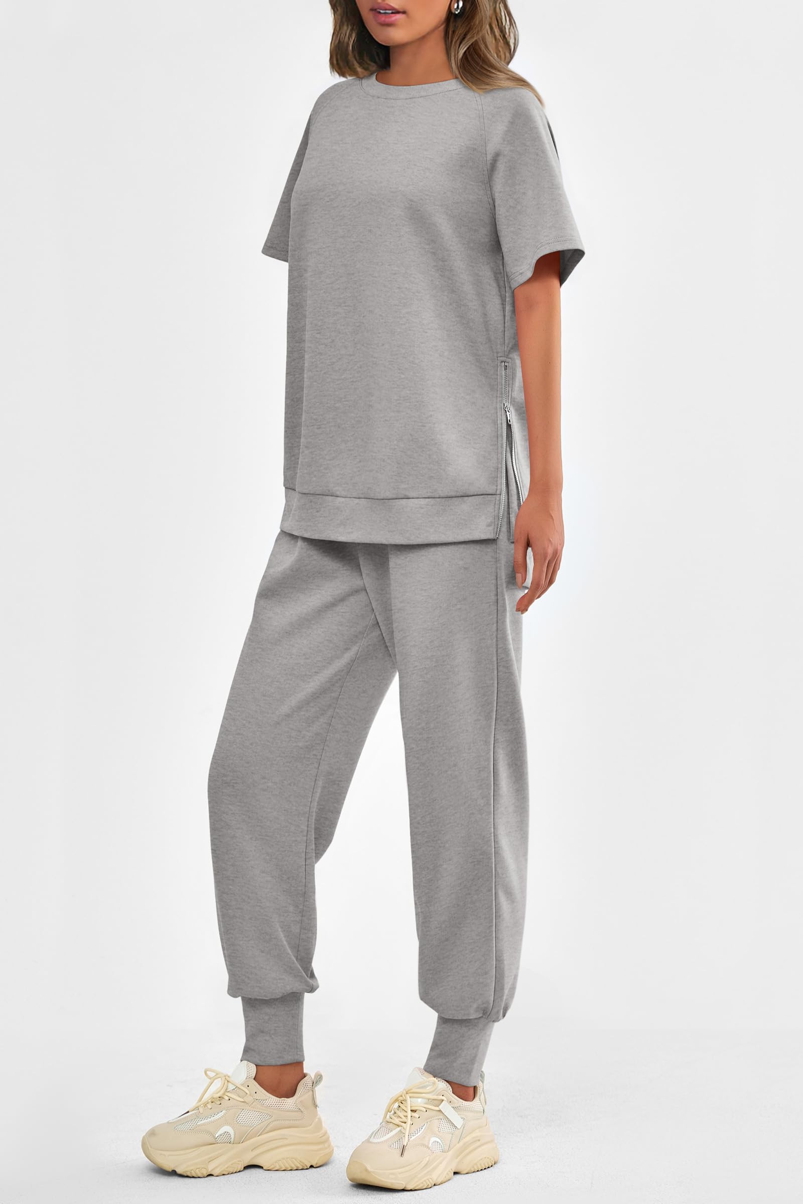 Womens 2 Piece Outfit Casual Short Sleeve Tops High Waisted Sweatpants Set