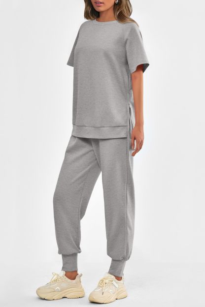 Womens 2 Piece Outfit Casual Short Sleeve Tops High Waisted Sweatpants Set