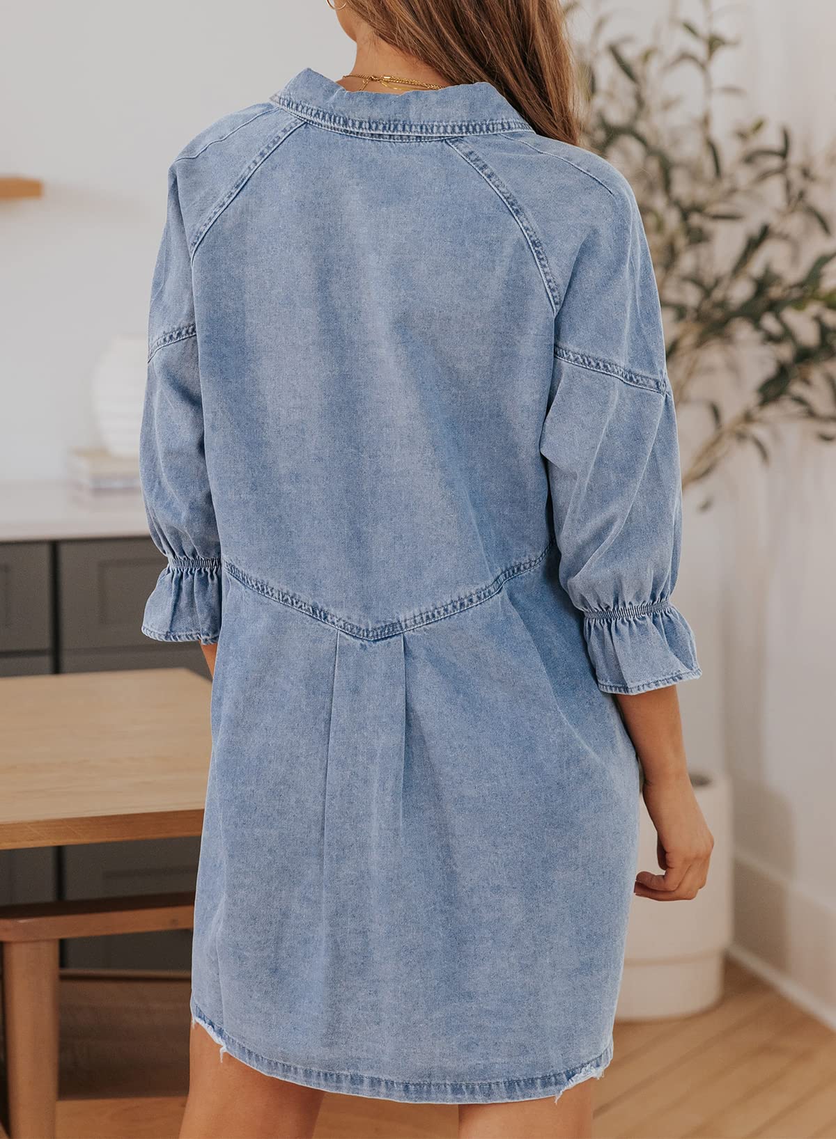 Women's Ruffled 3/4 Sleeve Button-Down Denim Dress（Buy 2 Free Shipping）