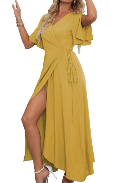 V Neck Slit Maxi Dress-Pink Laura