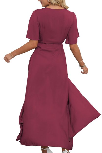 V Neck Slit Maxi Dress-Pink Laura