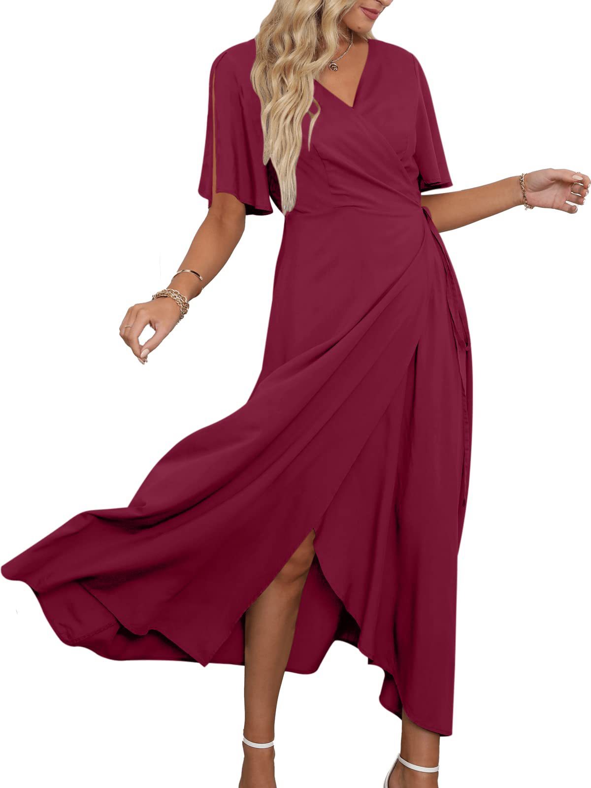 V Neck Slit Maxi Dress-Pink Laura