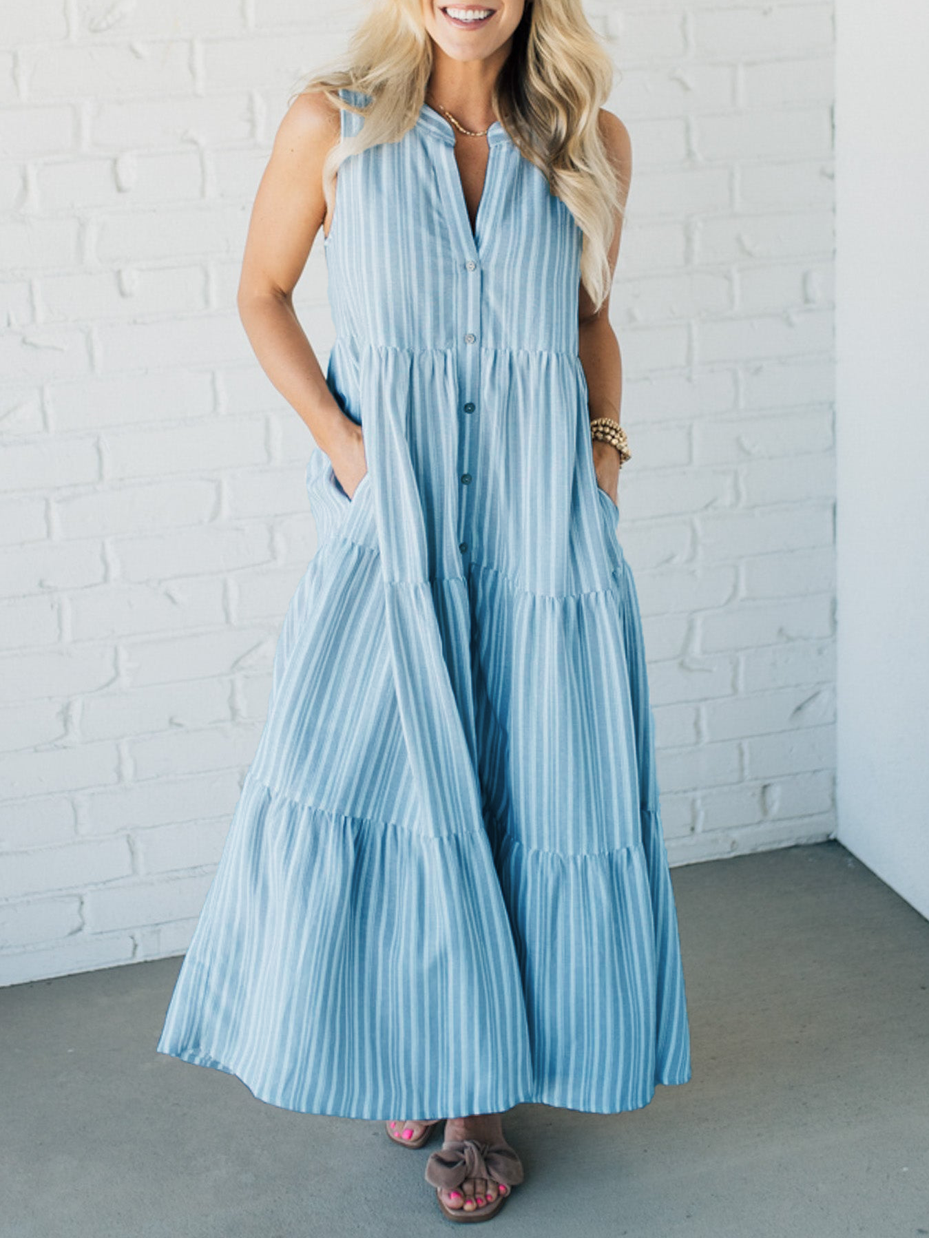 HOT SALE V Neck Striped Button Front Tiered Dress (Buy 2 Free Shipping)