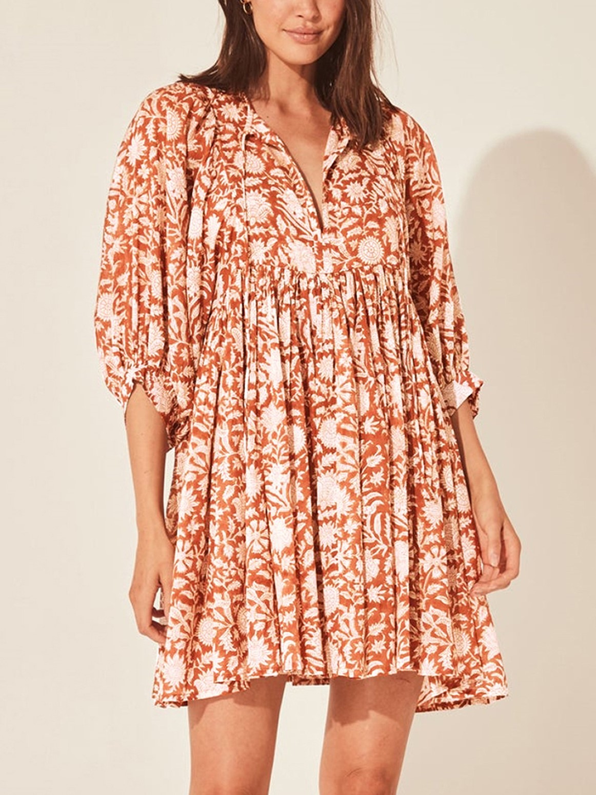 🔥HOT SALE V Neck Summer Half Sleeve Floral Tunic Short Dress