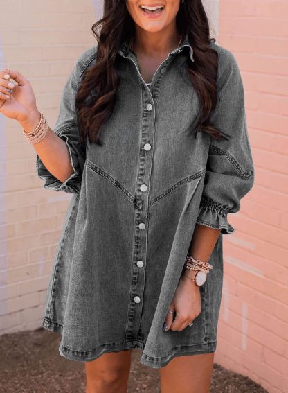 Women's Ruffled 3/4 Sleeve Button-Down Denim Dress（Buy 2 Free Shipping）