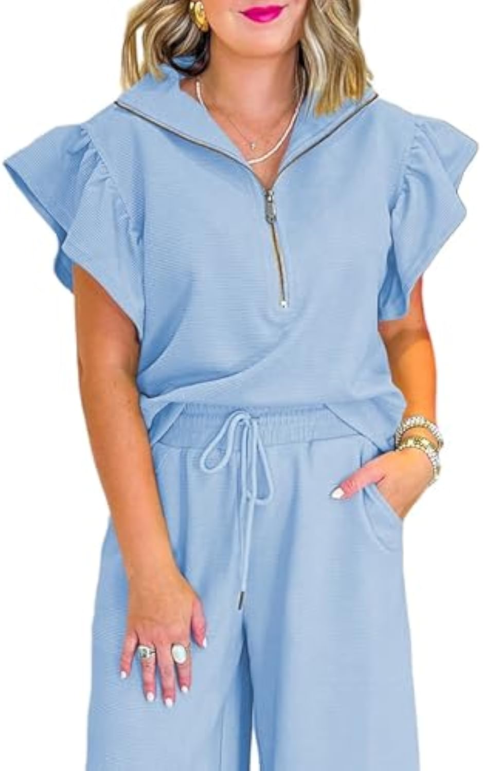 Ruffle Cap Sleeve Zip Top Wide Leg Pants Lounge Set Tracksuits