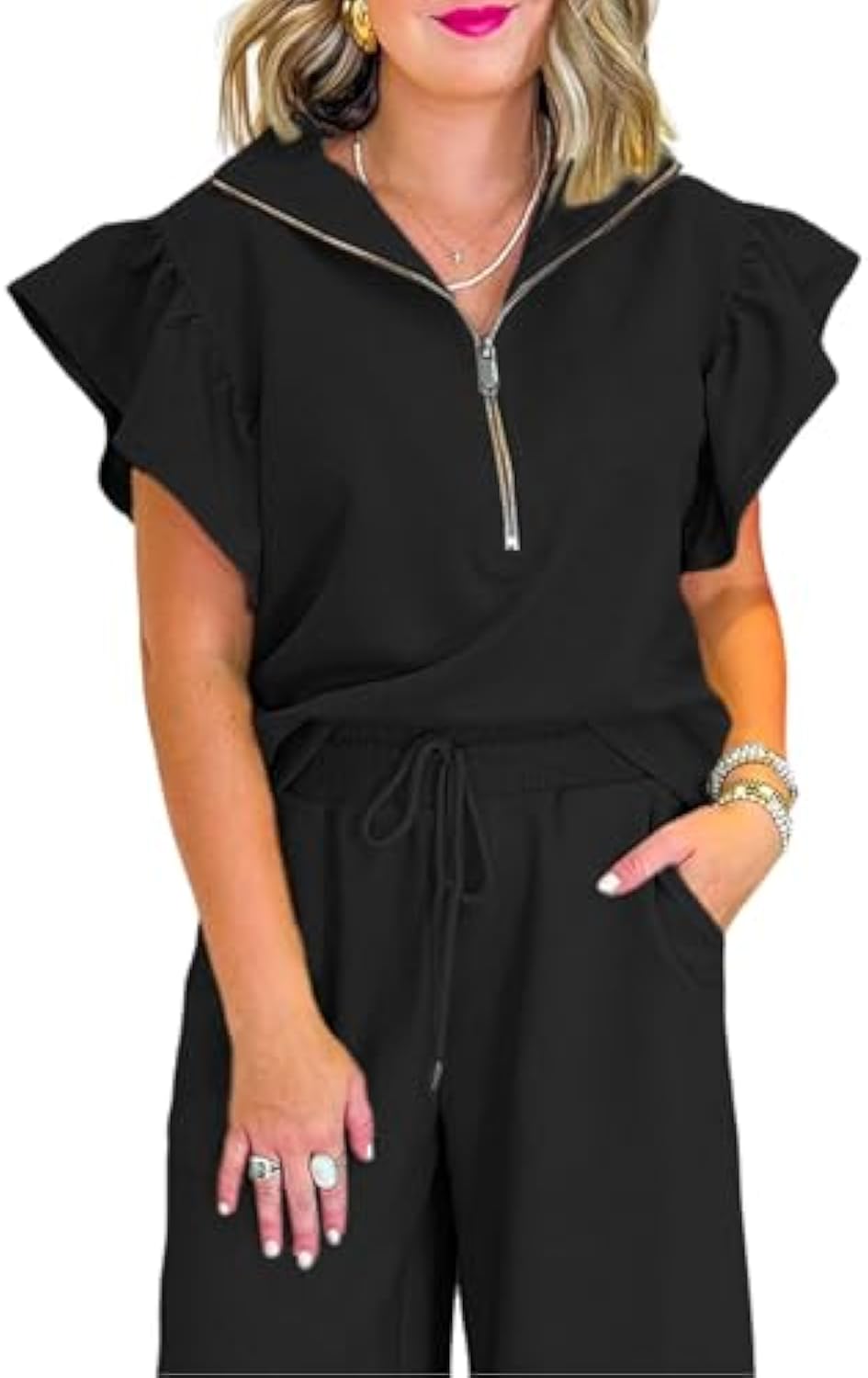 Ruffle Cap Sleeve Zip Top Wide Leg Pants Lounge Set Tracksuits