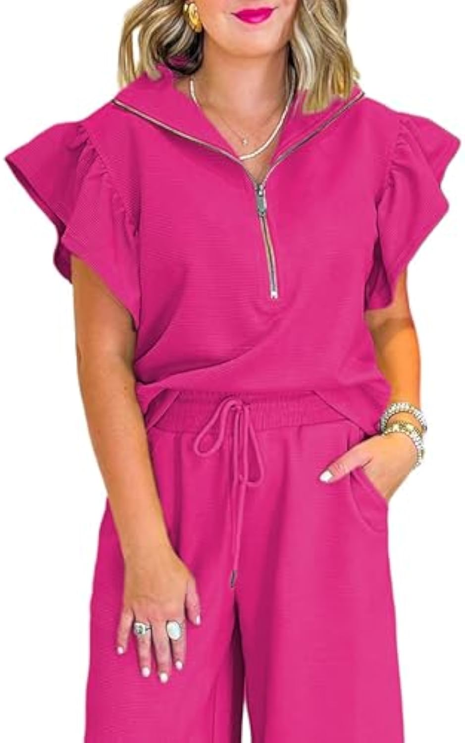 Ruffle Cap Sleeve Zip Top Wide Leg Pants Lounge Set Tracksuits