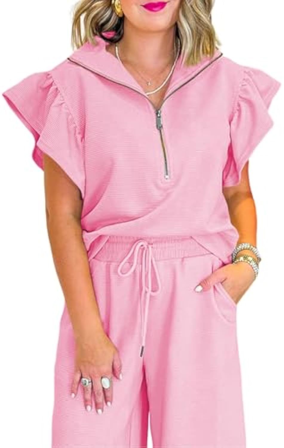 Ruffle Cap Sleeve Zip Top Wide Leg Pants Lounge Set Tracksuits