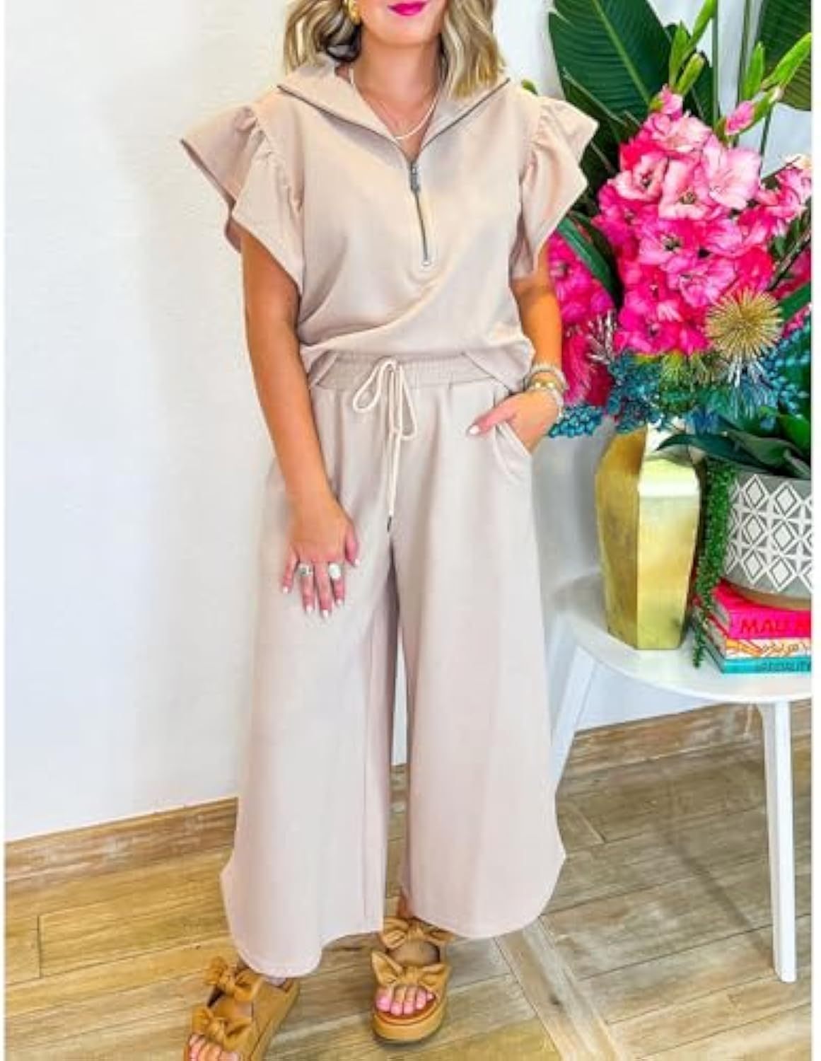 Ruffle Cap Sleeve Zip Top Wide Leg Pants Lounge Set Tracksuits