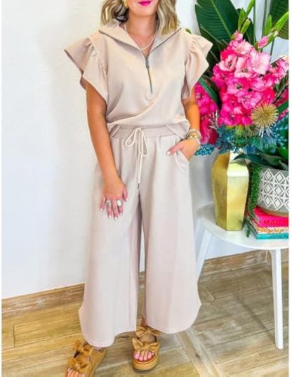 Ruffle Cap Sleeve Zip Top Wide Leg Pants Lounge Set Tracksuits