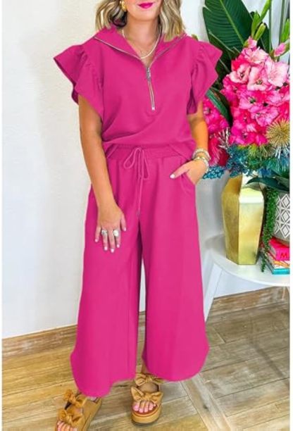Ruffle Cap Sleeve Zip Top Wide Leg Pants Lounge Set Tracksuits