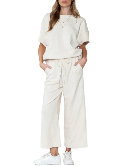 Women's Textured Loose Fit T Shirt and Drawstring Pants Casual Set (Buy 2 Free Shipping)
