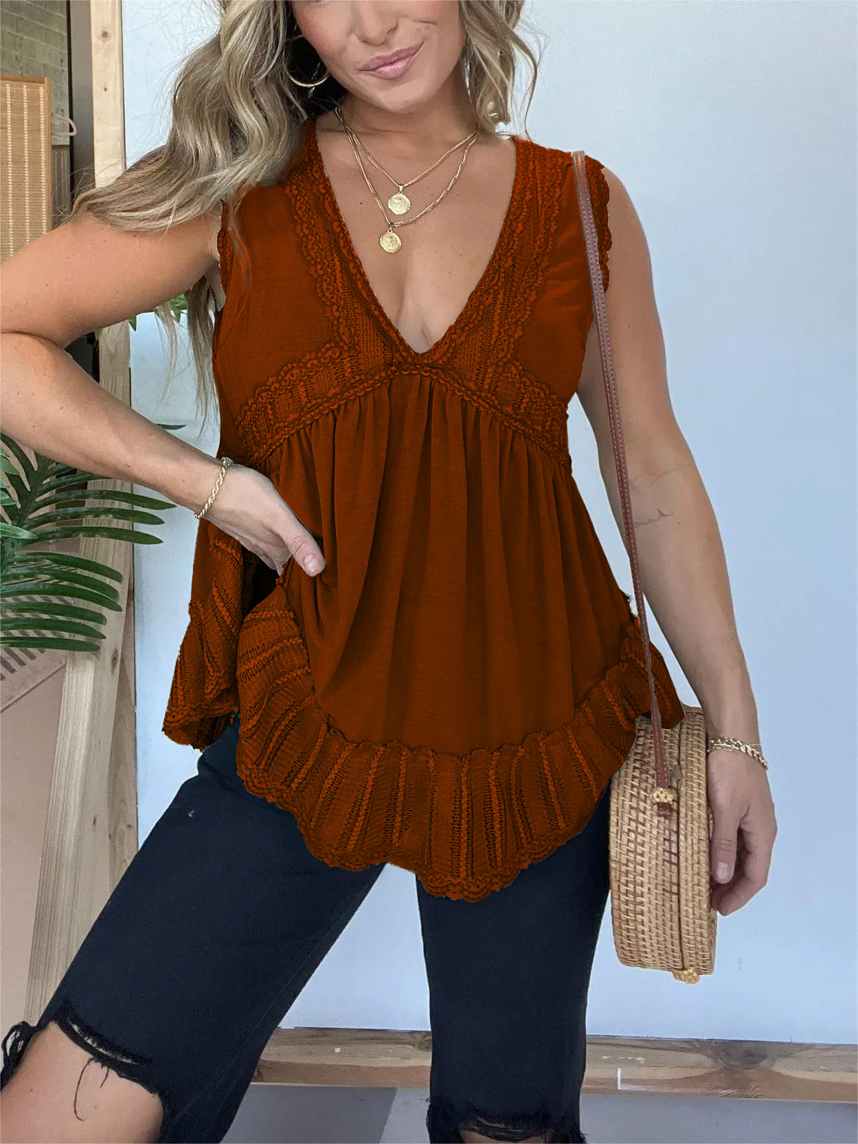 2024 New V-neckline Sleeveless Flow Top with Lace Trim (Buy 2 Free Shipping)