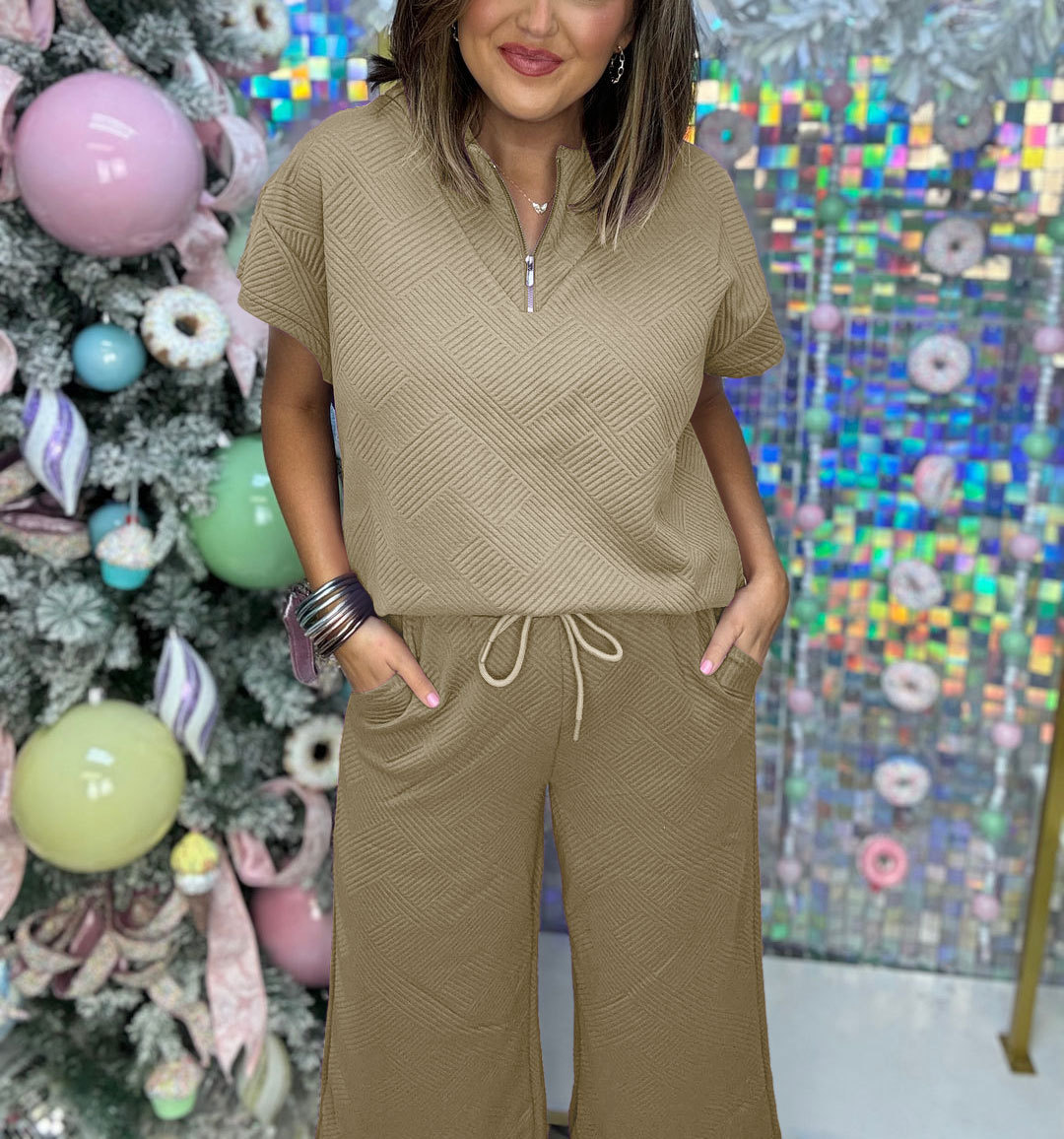 Women's Textured Loose Zip Top and Drawstring Pants Casual Set (Buy 2 Free Shipping)
