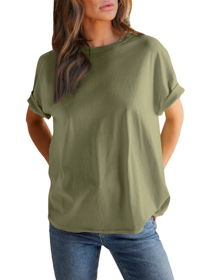 Round neck solid color short sleeve back spliced T-shirt cotton tee
