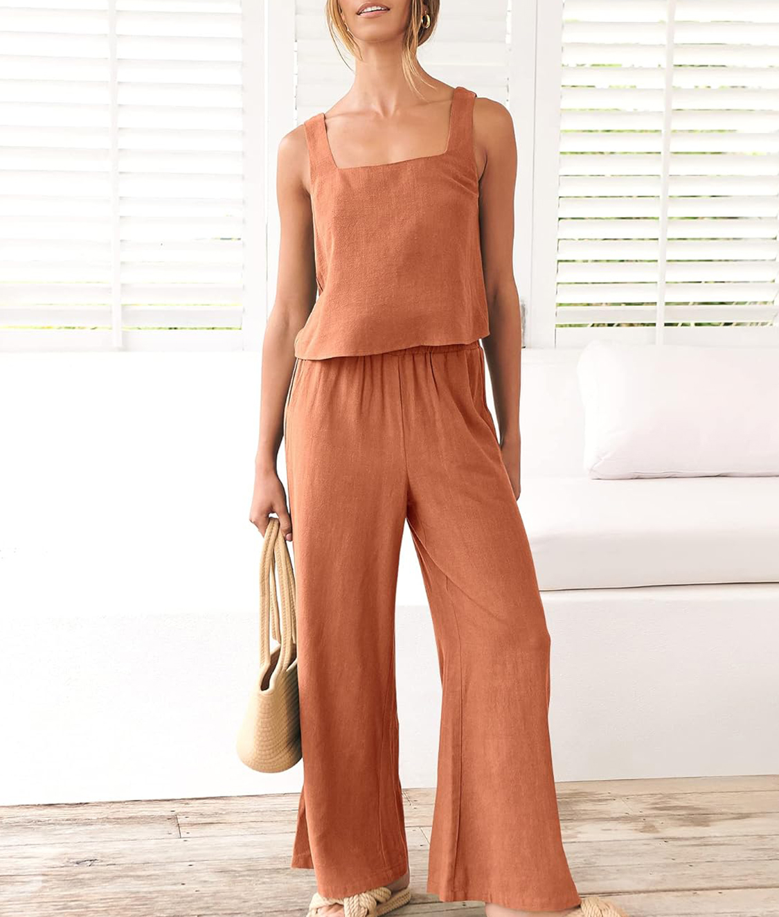 Women's Square Neck Linen Vest Wide Leg Pants Suit(Buy 2 Free Shipping)