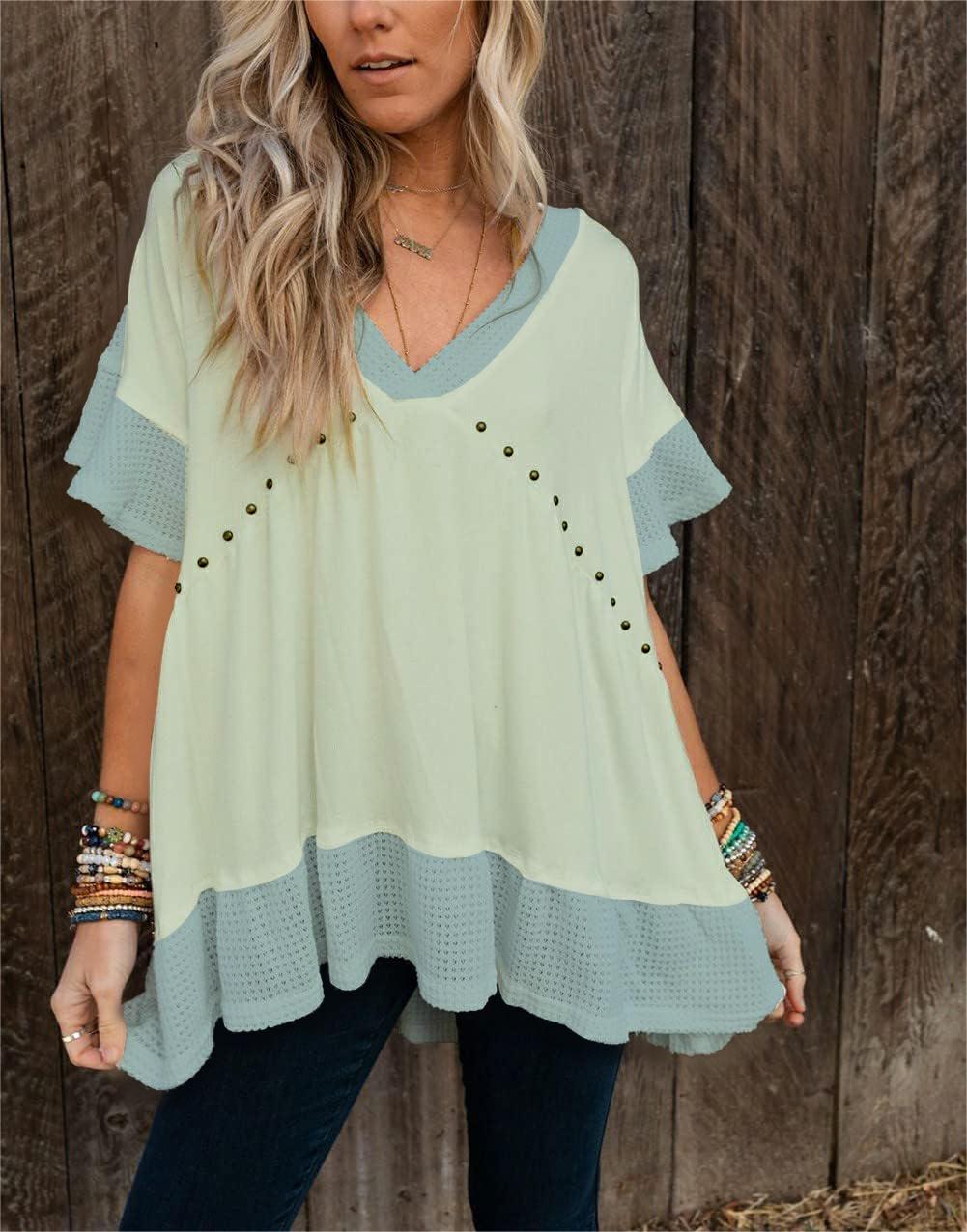 Women's V-Neck Rivet Short-Sleeved Top(Buy 2 Free Shipping)