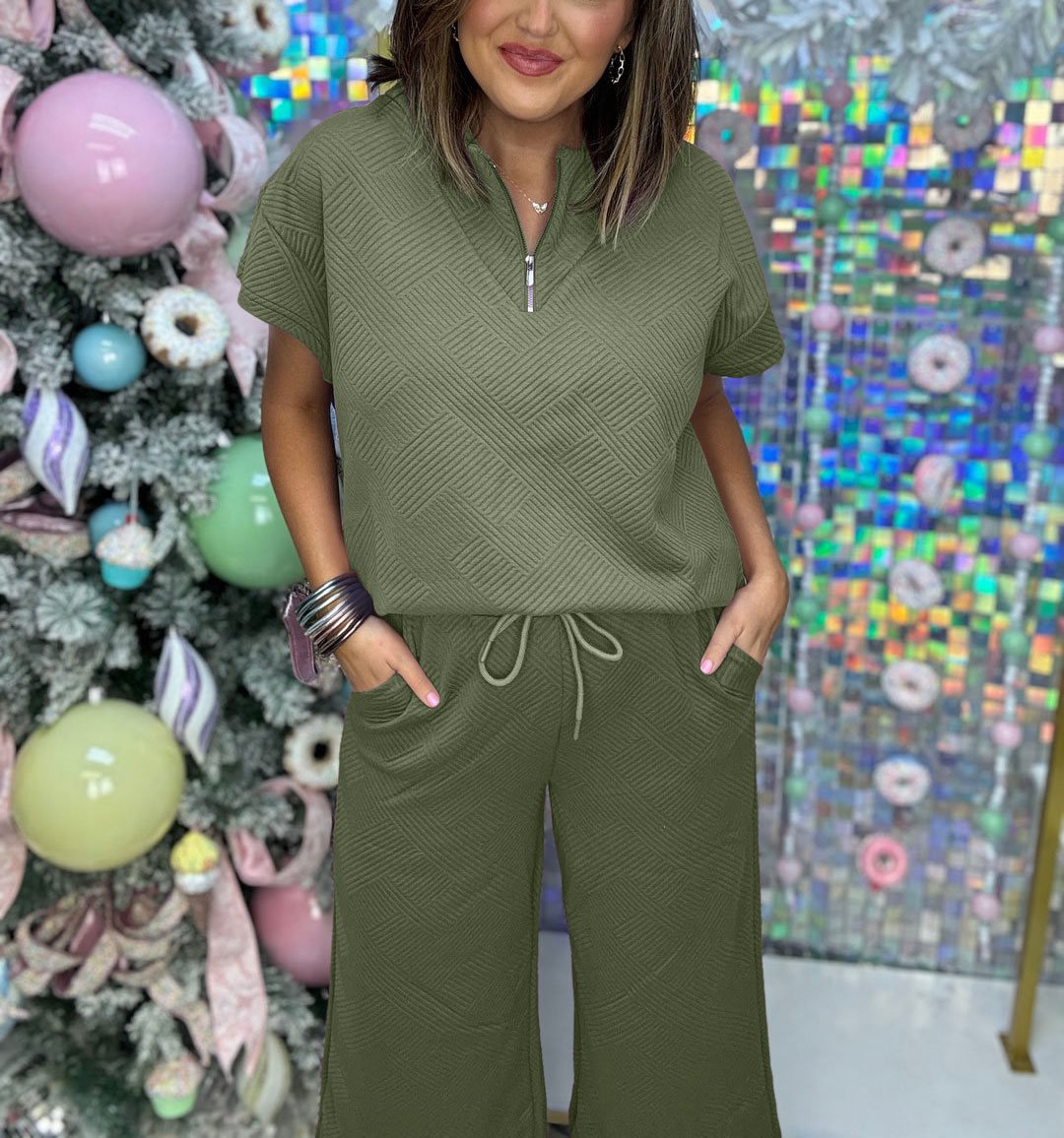 Women's Textured Loose Zip Top and Drawstring Pants Casual Set (Buy 2 Free Shipping)