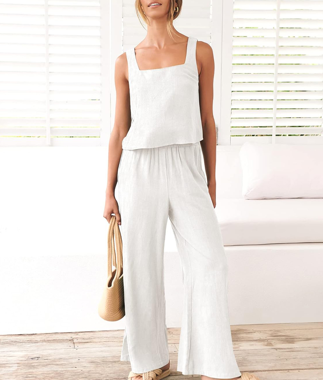 Women's Square Neck Linen Vest Wide Leg Pants Suit(Buy 2 Free Shipping