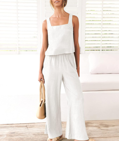 Women's Square Neck Linen Vest Wide Leg Pants Suit(Buy 2 Free Shipping)