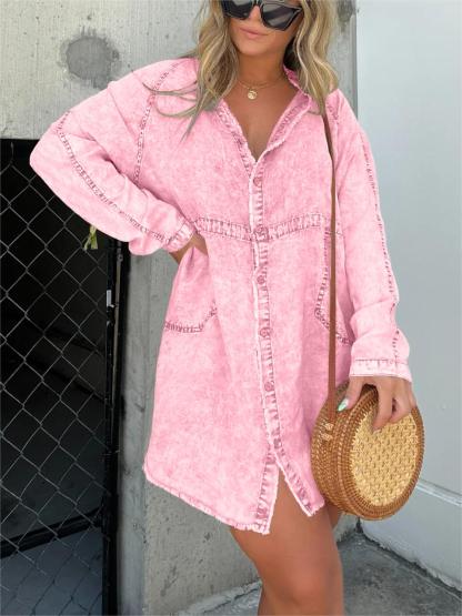 New In-  Women's Washed Oversized Shirt Dress (Buy 2 Free Shipping)-Pink Laura