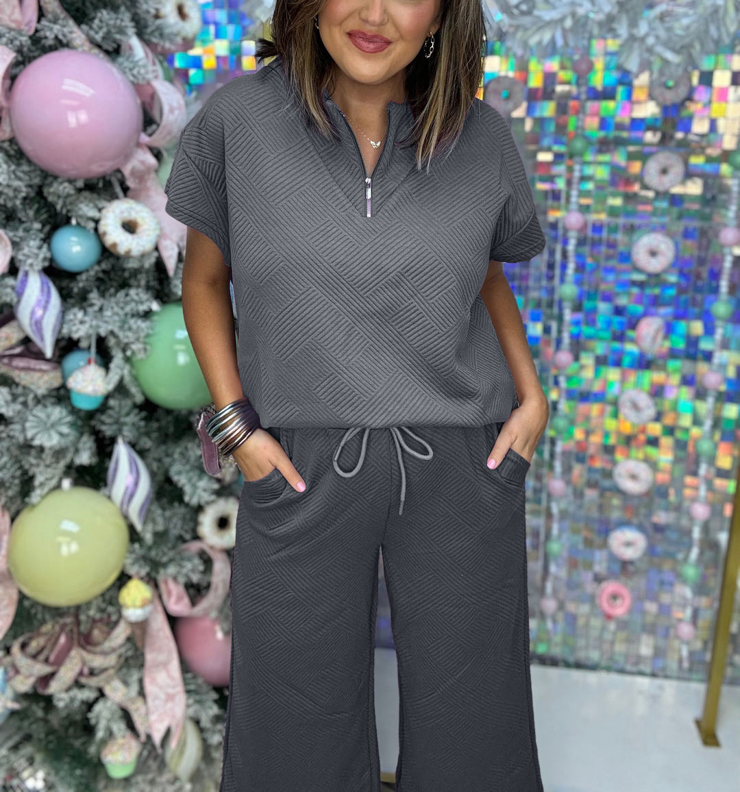 Women's Textured Loose Zip Top and Drawstring Pants Casual Set (Buy 2 Free Shipping)