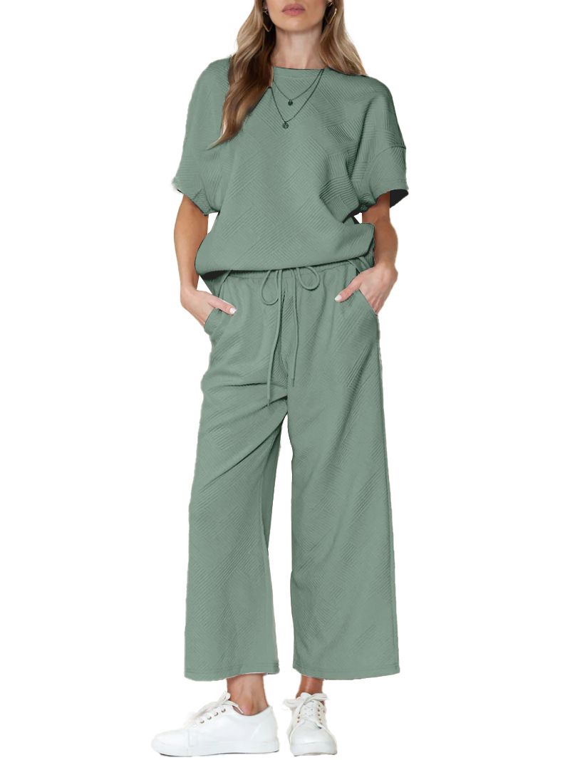 Women's Textured Loose Fit T Shirt and Drawstring Pants Casual Set (Buy 2 Free Shipping)