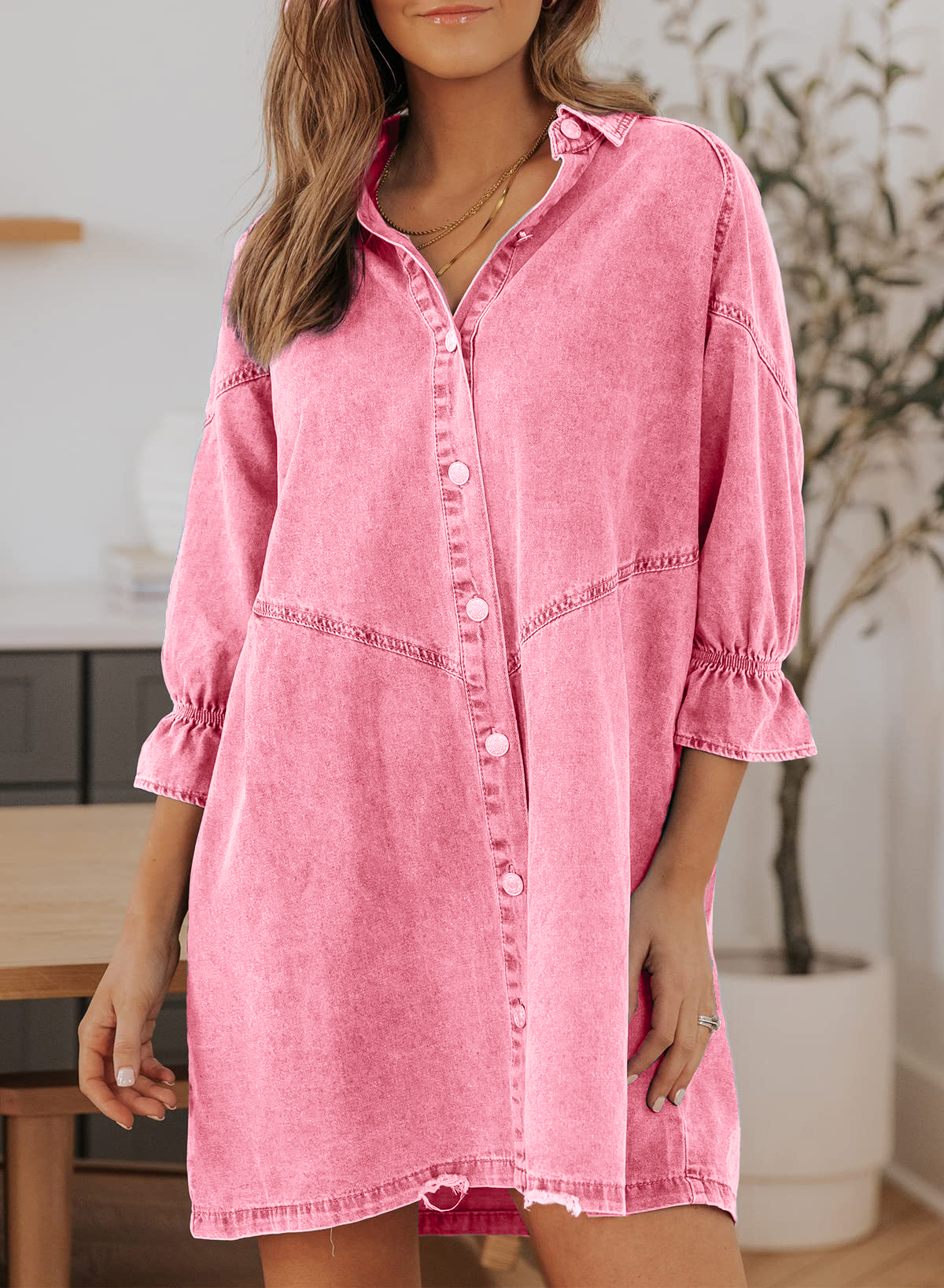 Women's Ruffled 3/4 Sleeve Button-Down Denim Dress（Buy 2 Free Shipping）