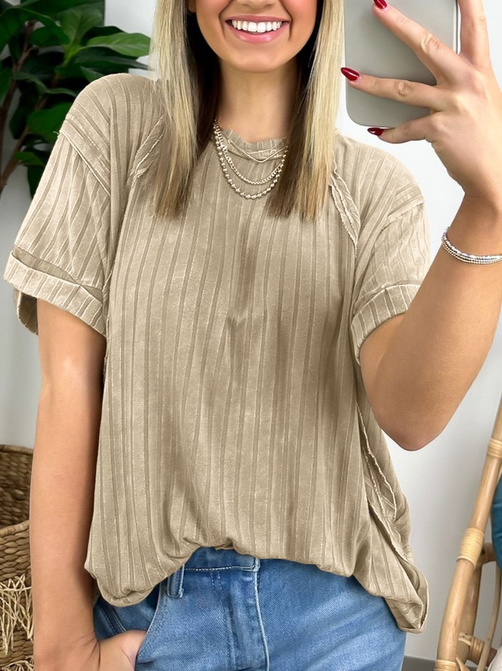 Women's Short Sleeve Ribbed Raglan Knit Top (Buy 2 Free Shipping)
