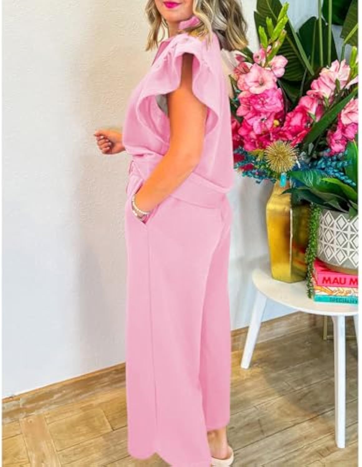 Ruffle Cap Sleeve Zip Top Wide Leg Pants Lounge Set Tracksuits