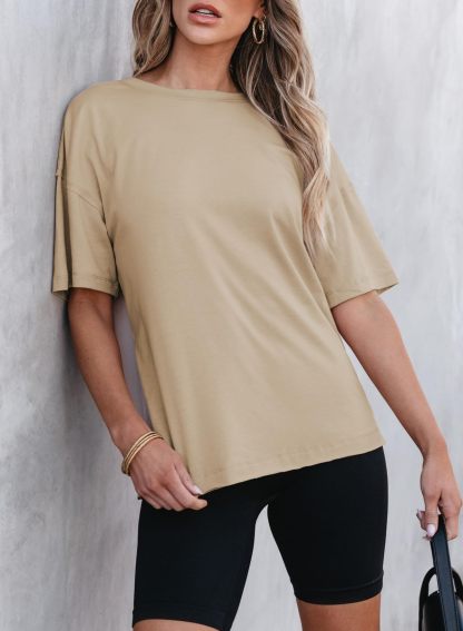 Round neck solid color short sleeve back spliced T-shirt cotton tee