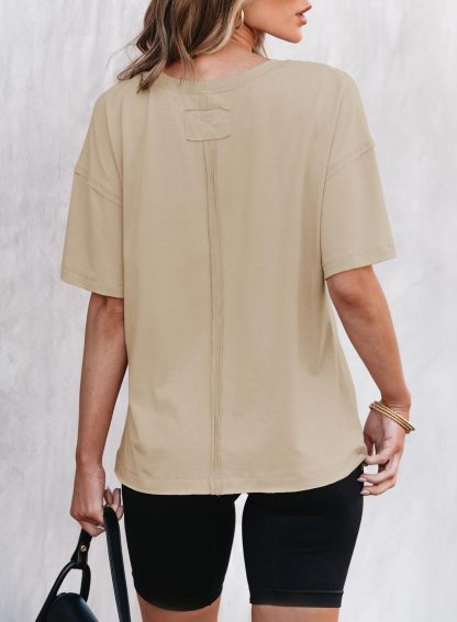 Round neck solid color short sleeve back spliced T-shirt cotton tee