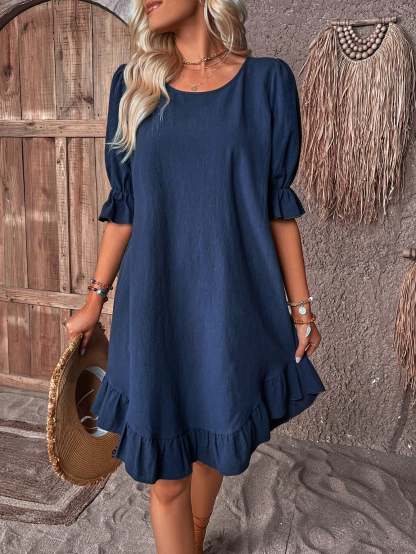 Solid Puff Sleeve Ruffle Hem Smock Dress (Buy 2 Free Shipping)-Pink Laura
