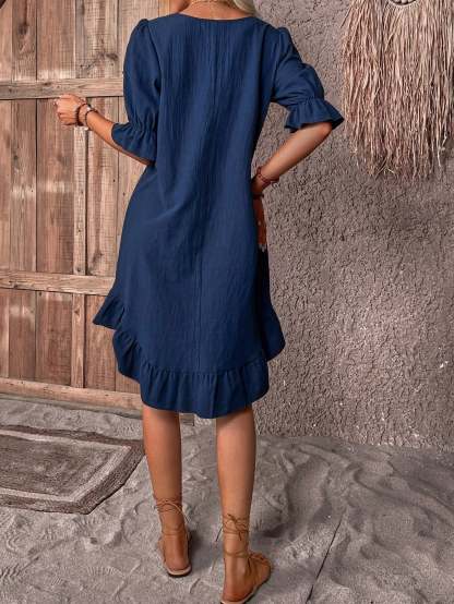 Solid Puff Sleeve Ruffle Hem Smock Dress (Buy 2 Free Shipping)-Pink Laura