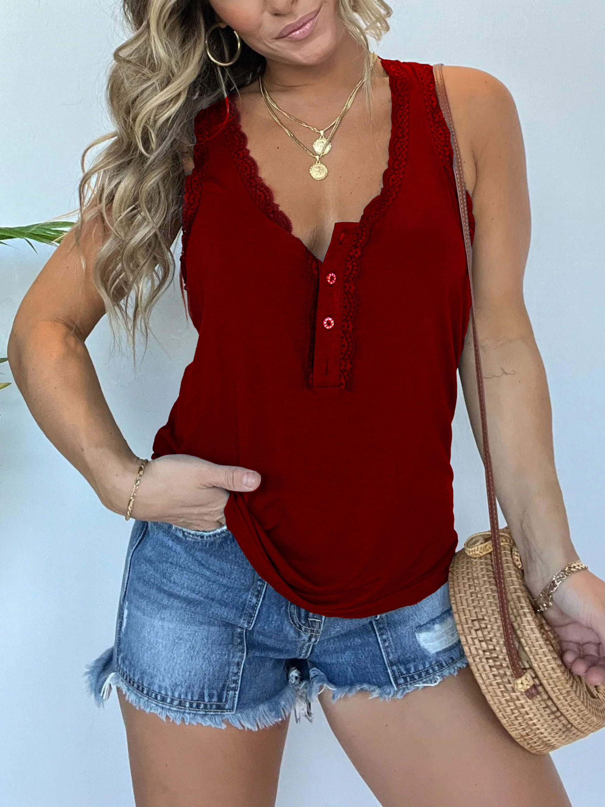 Henley Lace Trimmed  Button Tank Top (Buy 2 Free Shipping)