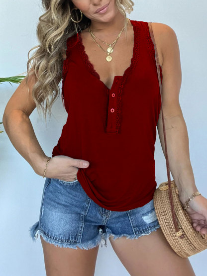Henley Lace Trimmed  Button Tank Top (Buy 2 Free Shipping)