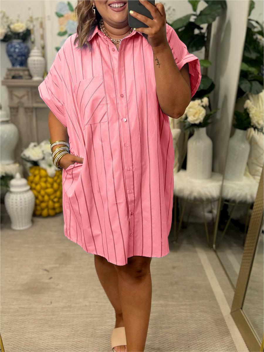 Women's Striped Button Down Shirt Dress (Buy 2 Free Shipping)-Pink Laura
