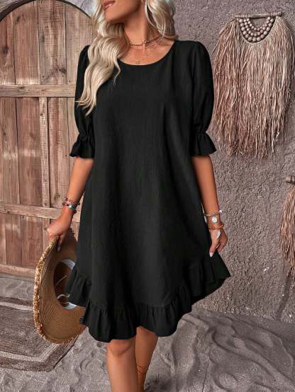 Solid Puff Sleeve Ruffle Hem Smock Dress (Buy 2 Free Shipping)-Pink Laura