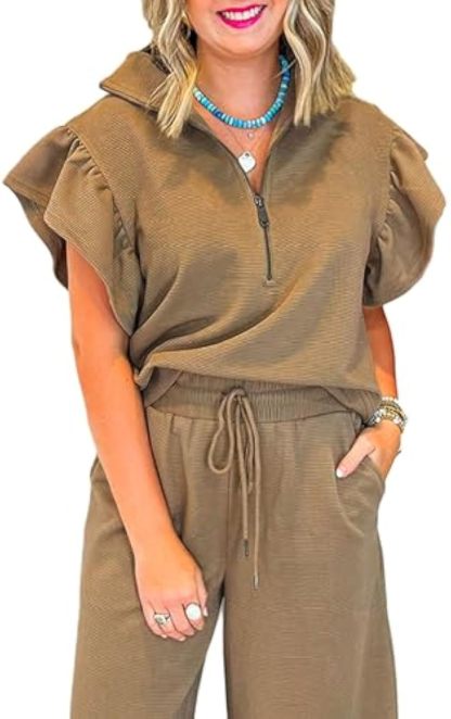 Ruffle Cap Sleeve Zip Top Wide Leg Pants Lounge Set Tracksuits