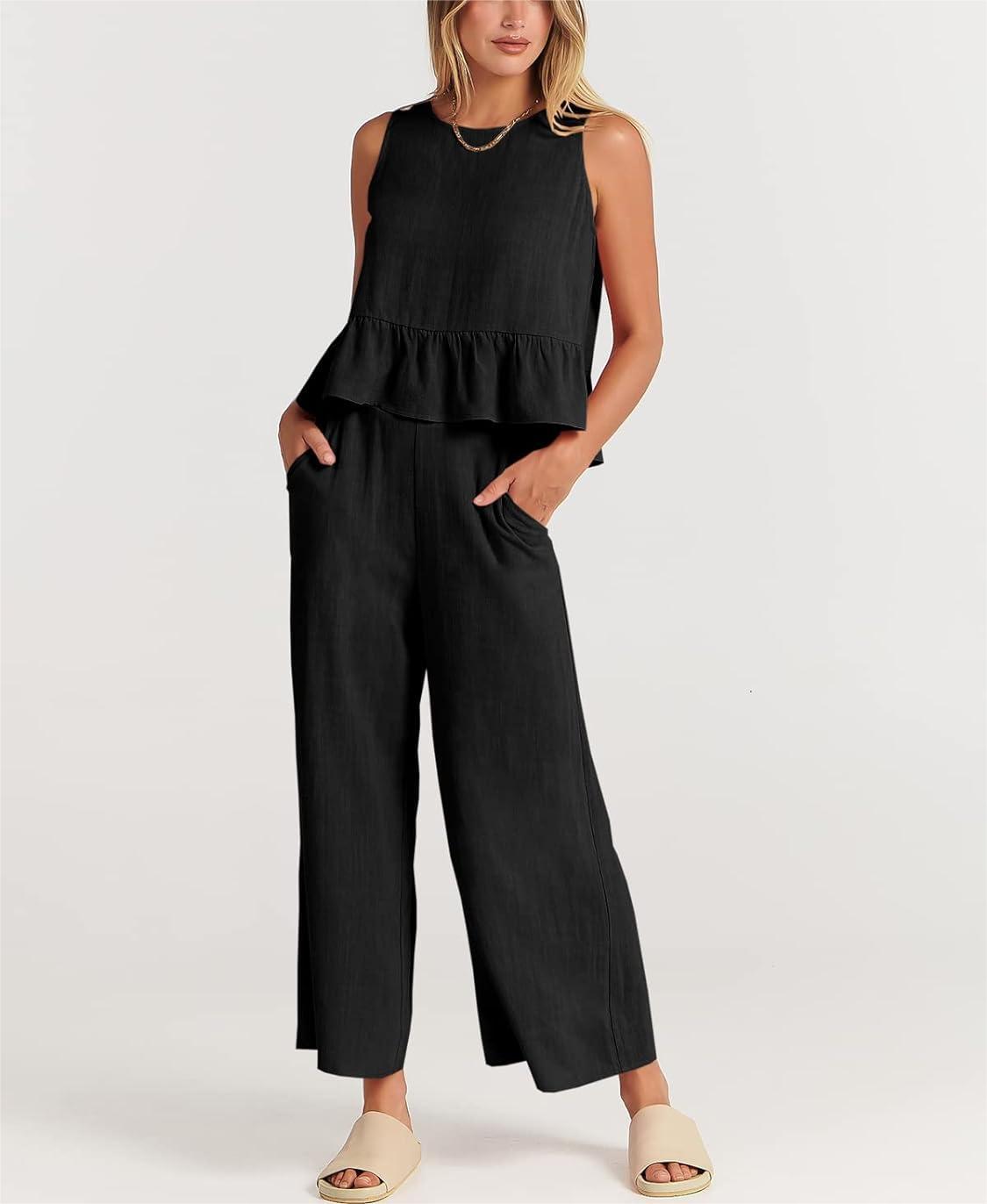Women's Sleeveless Vest Cropped Top Wide Leg Pants Set（Buy 2 Free Ship