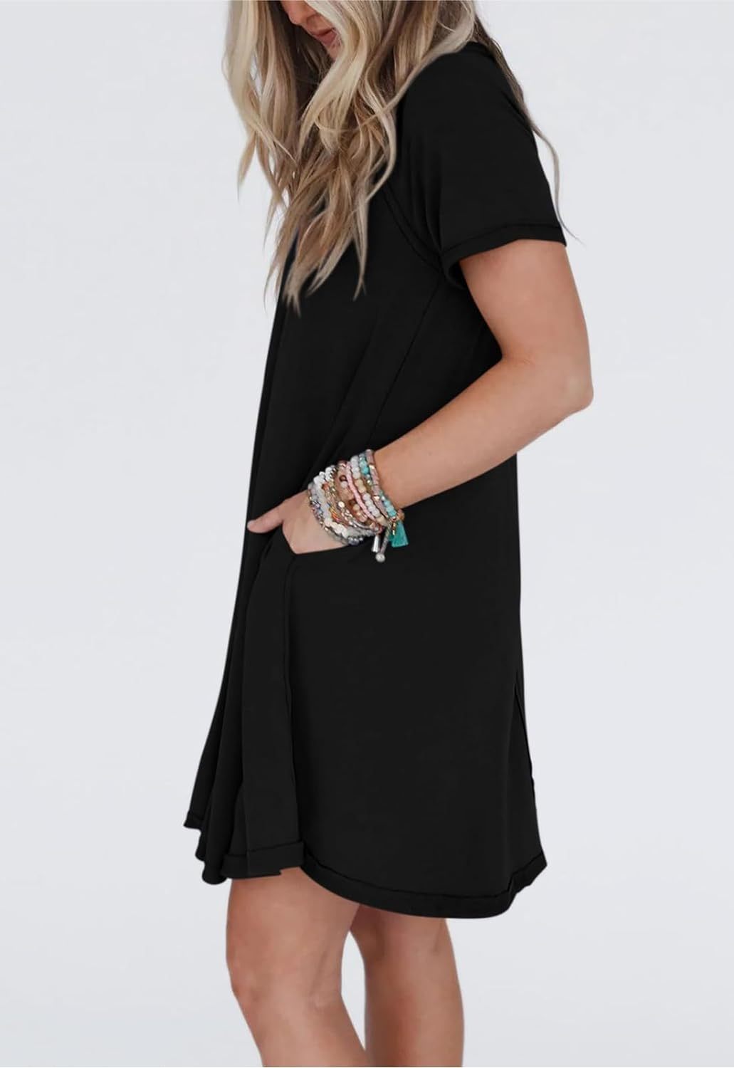Women’s Short Sleeve Crew Neck Swing Dress With Pockets (Buy 2 Free Shipping)