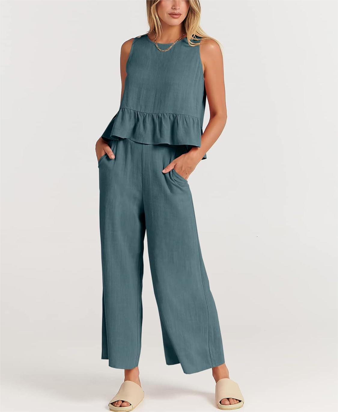 Women's Sleeveless Vest Cropped Top Wide Leg Pants Set（Buy 2 Free Shipping）