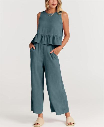 Women's Sleeveless Vest Cropped Top Wide Leg Pants Set（Buy 2 Free Shipping）